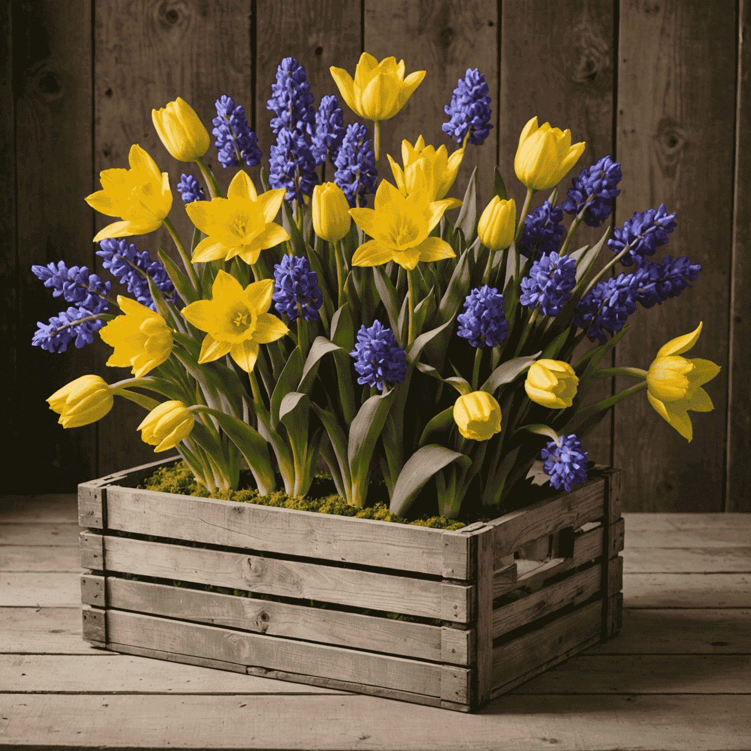 A vibrant array of spring flowers including tulips in various colors, bright yellow daffodils, and purple hyacinths arranged in a rustic wooden crate