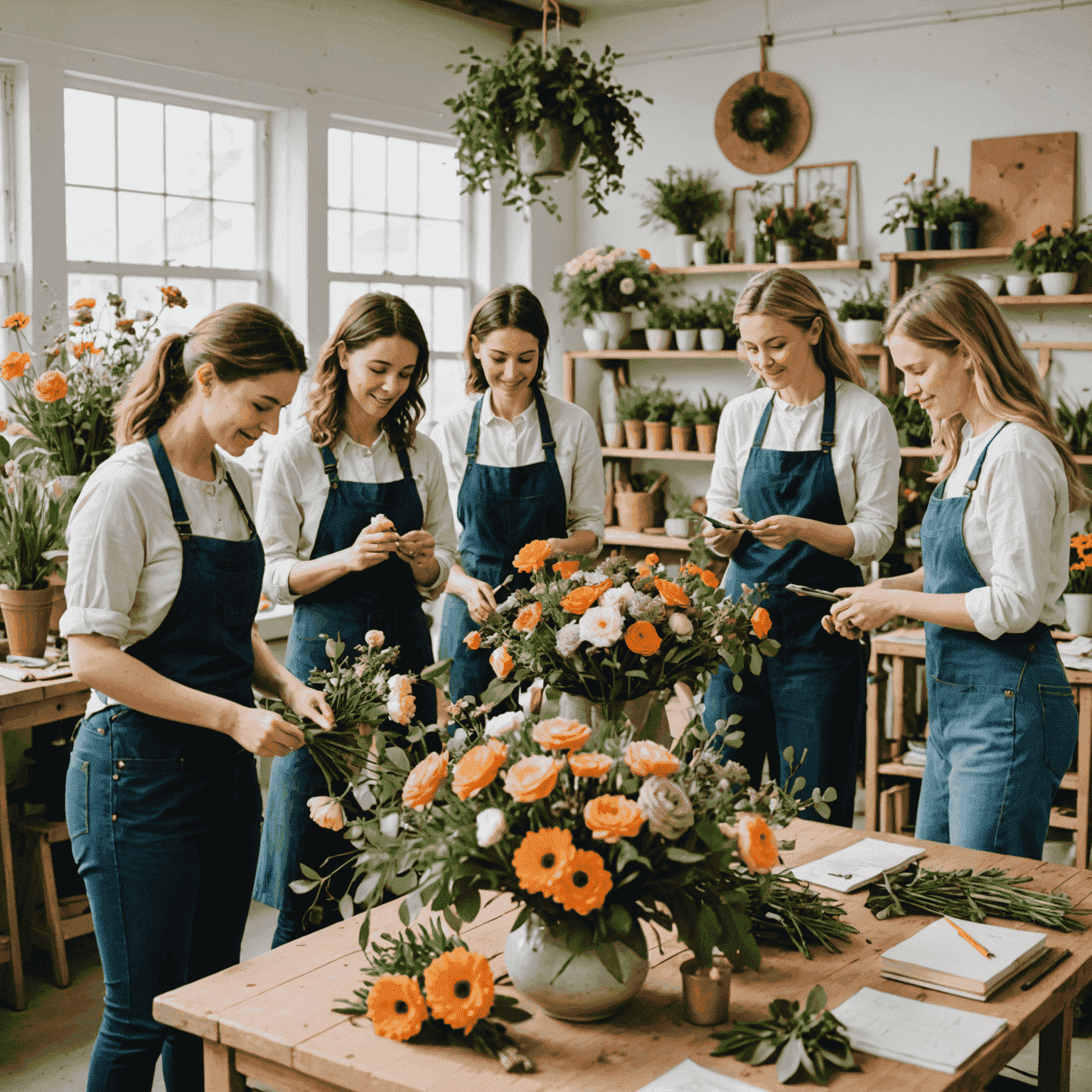 A group of people learning floral arrangement techniques in a bright, airy workshop space filled with colorful flowers and greenery