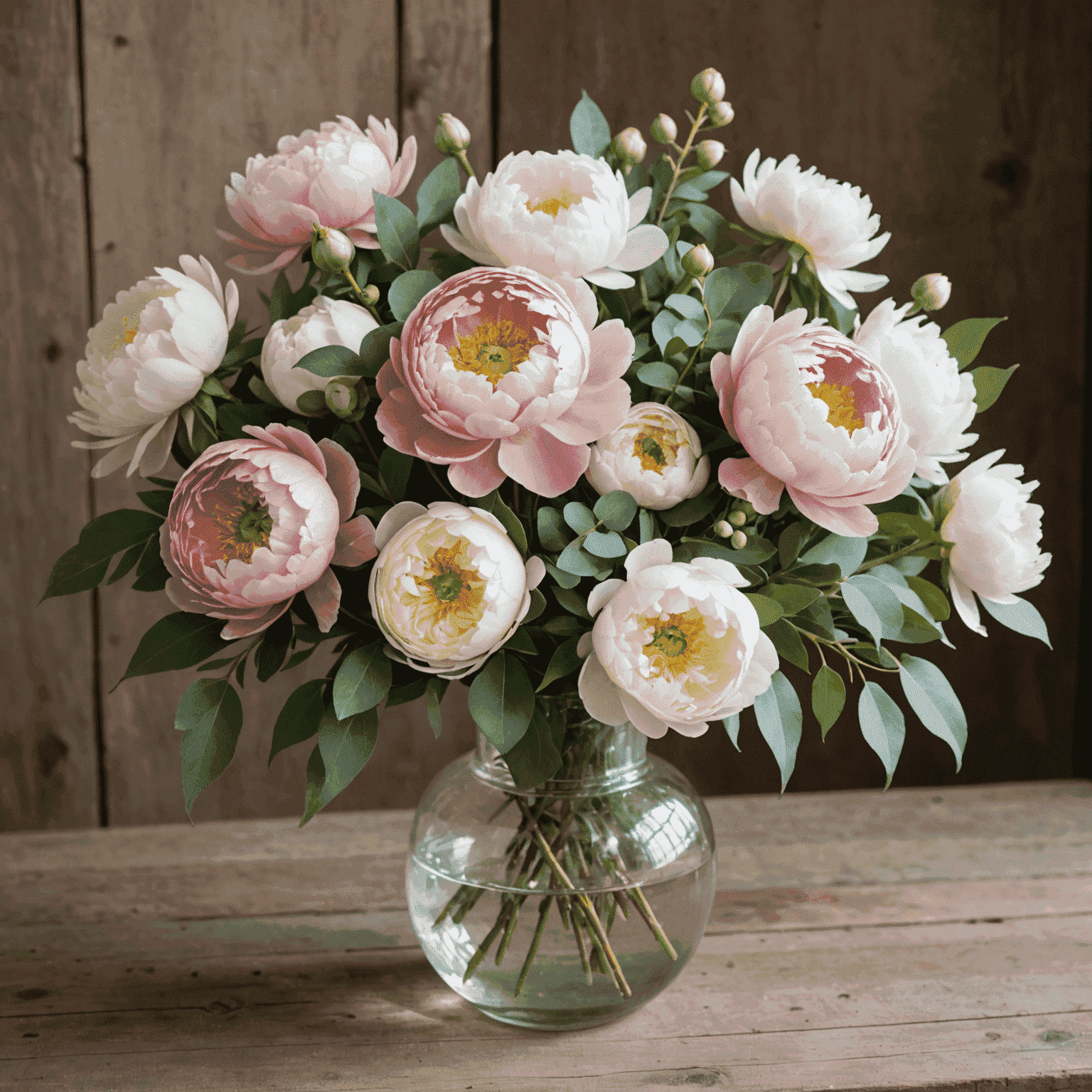 A lush bouquet of pink and white peonies with eucalyptus accents in a vintage-inspired vase