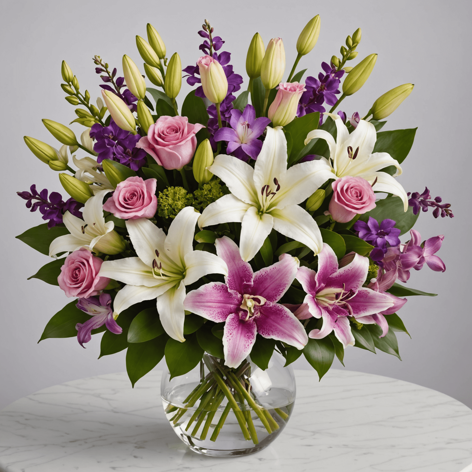 An elegant Mother's Day bouquet with pink roses, white lilies, and purple orchids