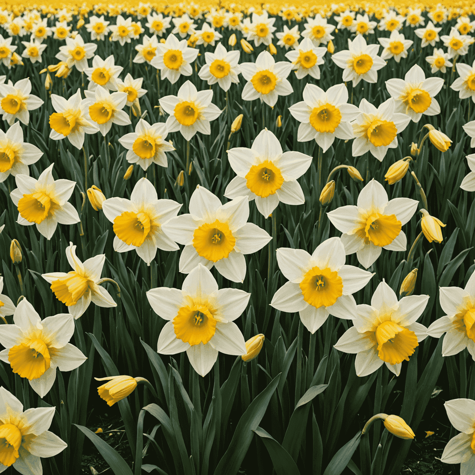 A field of bright yellow daffodils with white ones interspersed, swaying gently in a spring breeze