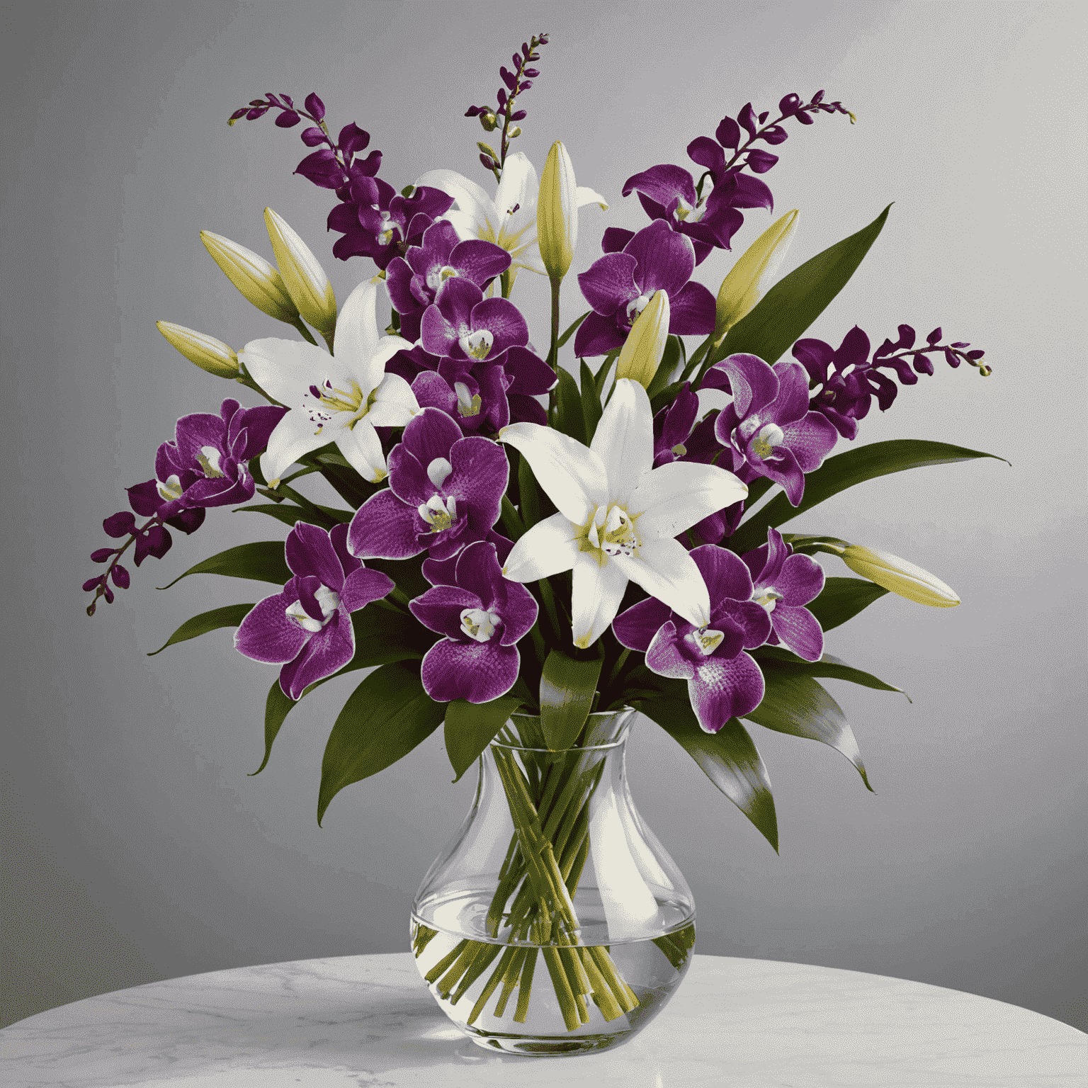 An elegant arrangement of purple orchids and white lilies in a modern glass vase