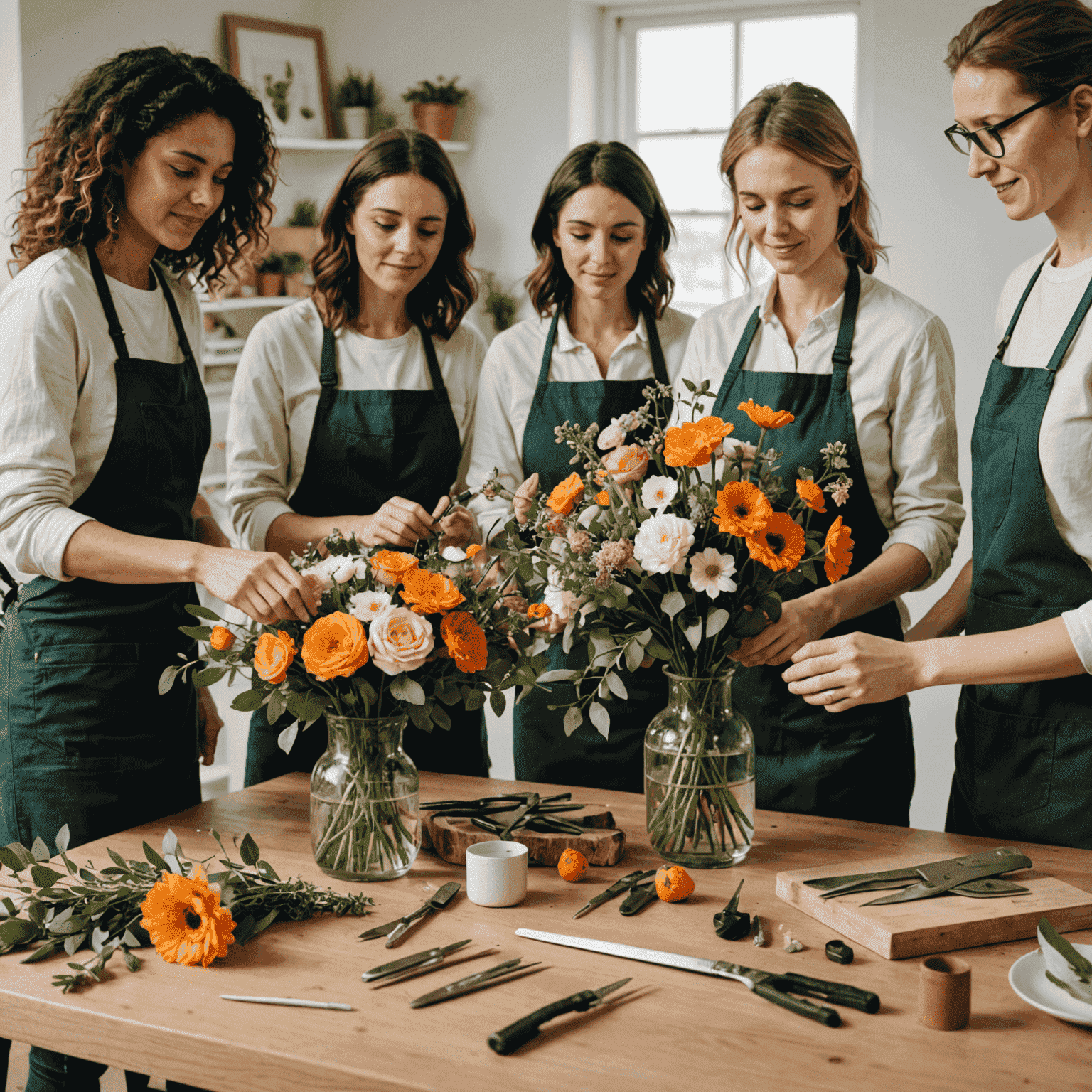 A group of people learning floral arrangement techniques with various flowers and tools