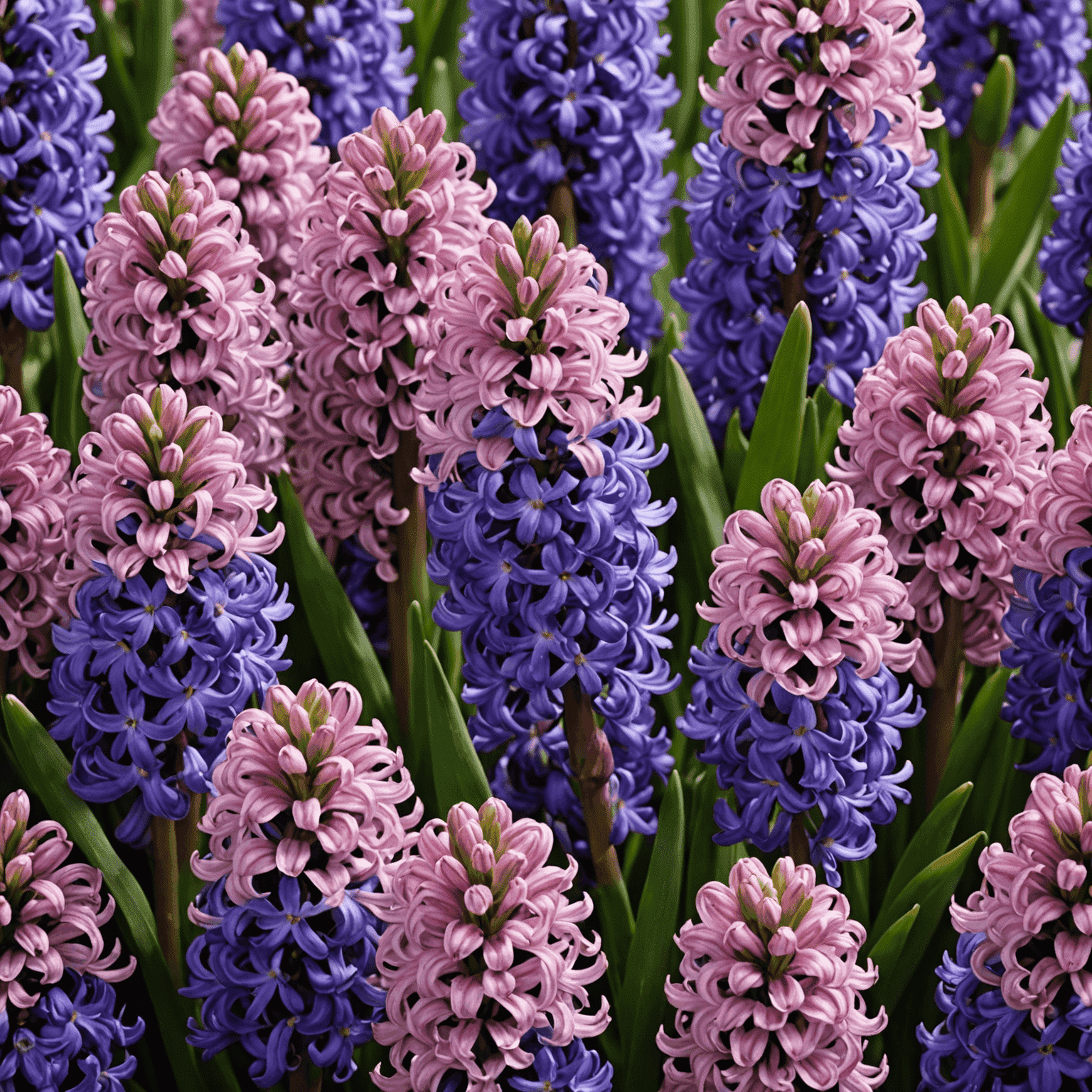 A close-up of purple and pink hyacinth flowers, showing their densely packed, bell-shaped blooms