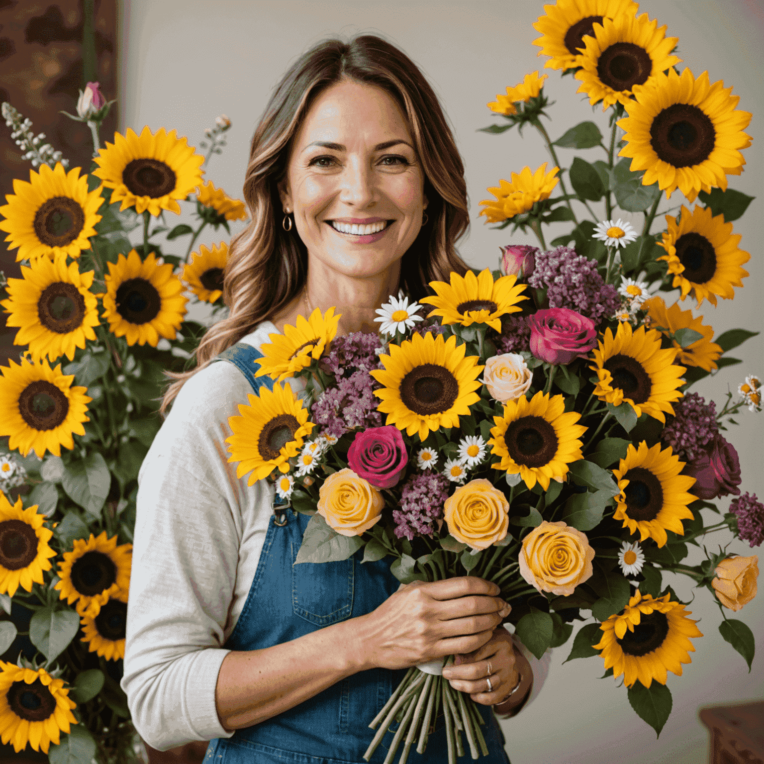 A mother smiling while holding a large, colorful bouquet of mixed flowers including roses, sunflowers, and daisies